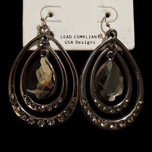Silver Teardrop Earrings with Crystals